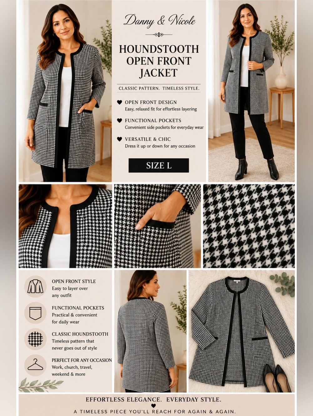 Danny & Nicole Houndstooth Open Front Jacket 6P EUC